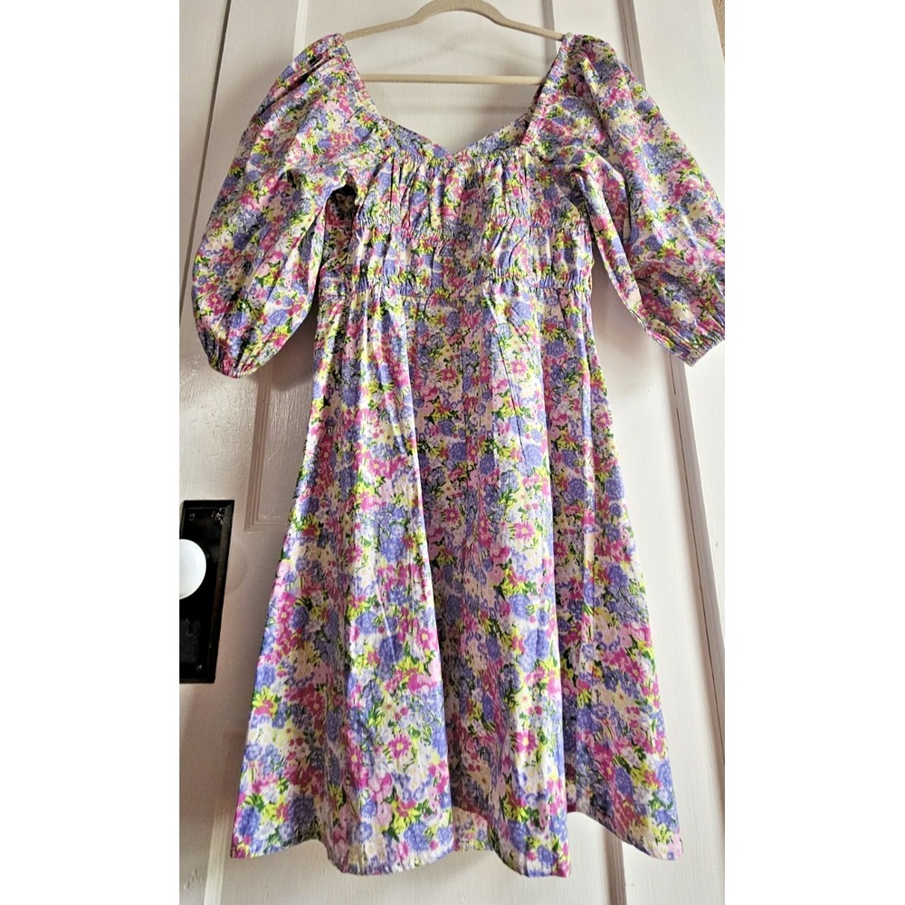 Miss selfridge ruched poplin cotton dress cluster floral US 8 elbow‎ sleeve